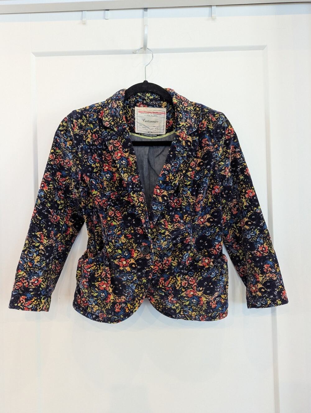 Anthropologie Cartonnier Navy Blue Floral Cropped Blazer Jacket sz 4 Women EUC